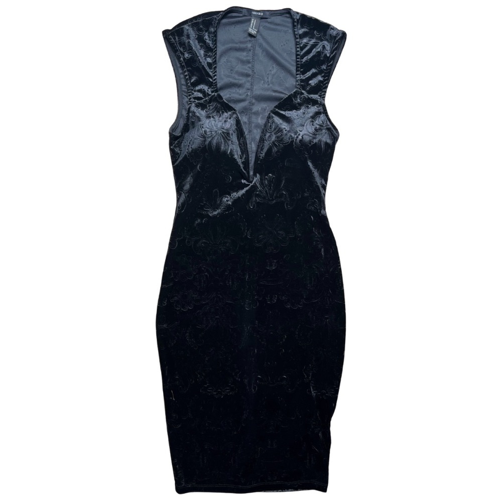 Forever 21 Velvet Bodycon Dress Burnout Midi Black Deep V Plunge Sexy Witchy Med